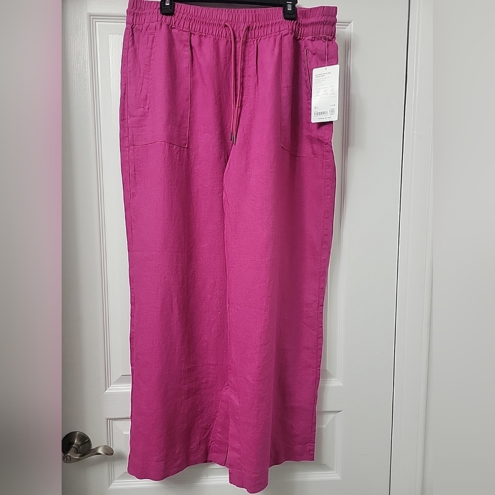 NWT Athleta Retreat Pants Women Size XL Wide Leg Drawstring Dark Pink 100% Linen